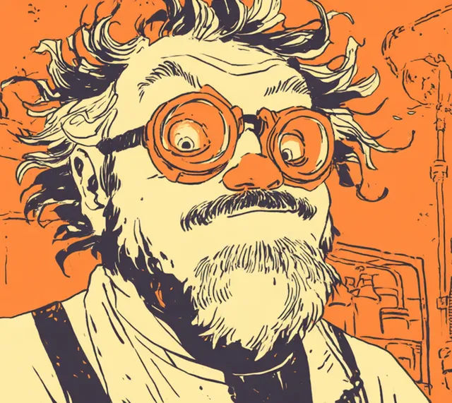 Uncle Matt, wild-haired, wearing round welding goggles, at his workbench