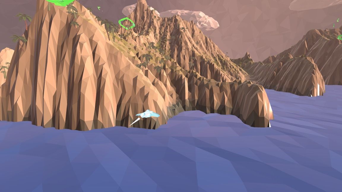 A small pale blue jet flying low over dark blue faceted water, with tall sandstone cliffs and palm trees rising behind it and a green ring hovering above the ridge.