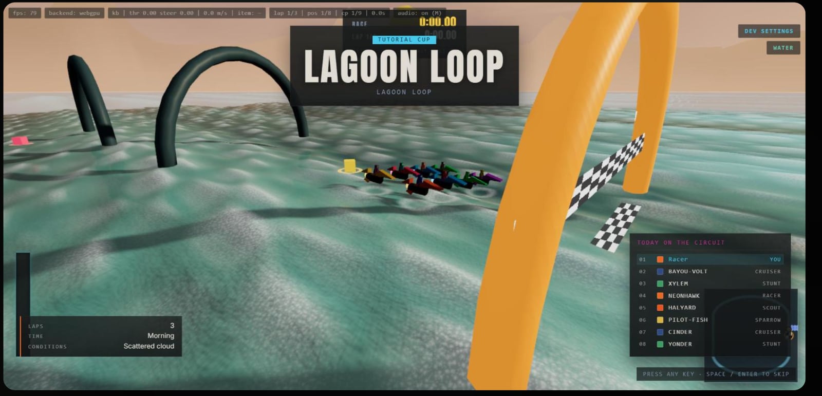 A King Tide race in progress on the Lagoon Loop track, craft skimming over water past orange arches