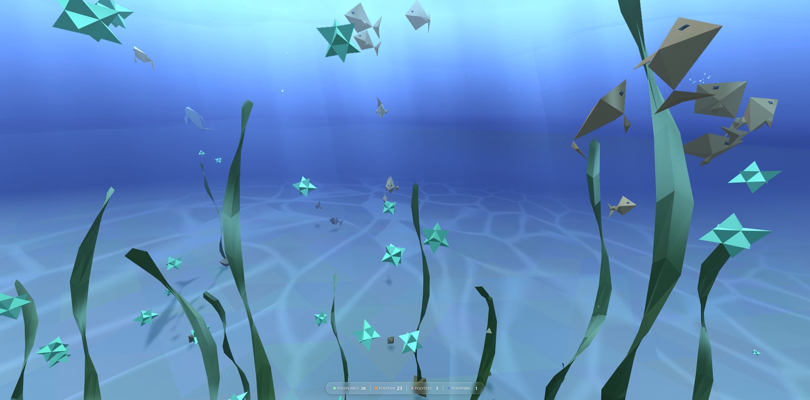 A PolyFish underwater scene, low-poly origami-style fish in teal and tan drifting over a sandy seabed with green kelp and light rays from the surface.