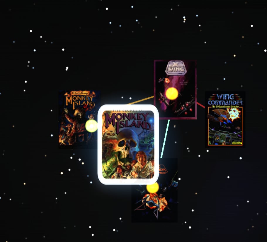 A close-up of the Six Degrees of Play map: the box art for The Secret of Monkey Island lit up against a starfield, with colored lines running out to Monkey Island 2, X-Wing, Wing Commander and other boxes around it.